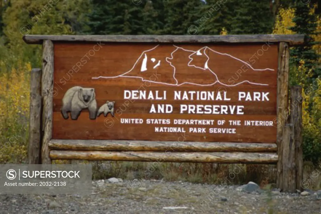 Information sign in a forest, Denali National Park and Preserve, Alaska, USA