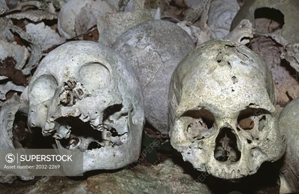 Human skulls in a burial cave, Papua New Guinea
