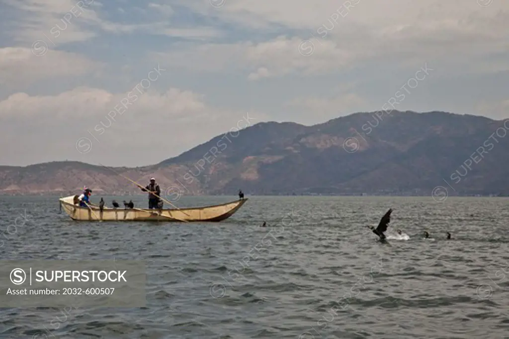 China, Yunnan, Lake Erha, fishing boats on lake
