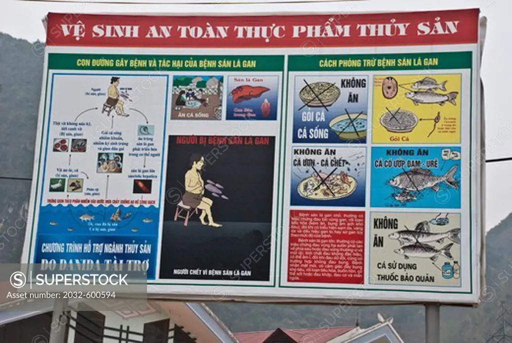 Vietnam, Informational sign at fish farm