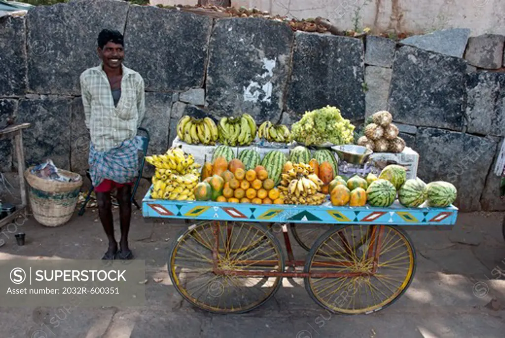 Fruit seller on a street with fruit cart, Hampi, Karnataka, India