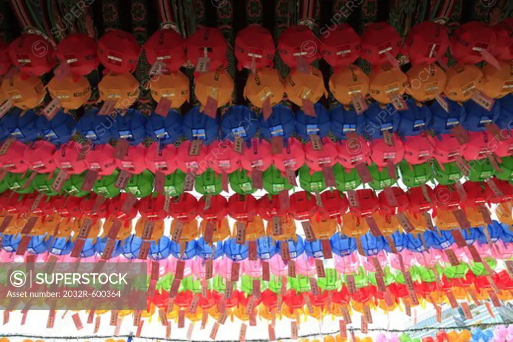 Low angle view of colorful paper lanterns, Seoul, South Korea