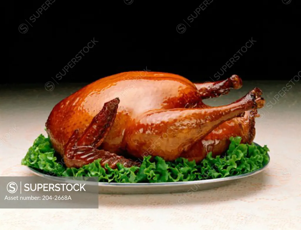 Close-up of a roasted turkey on a platter