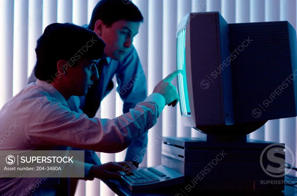 Two businessmen using a computer in an office