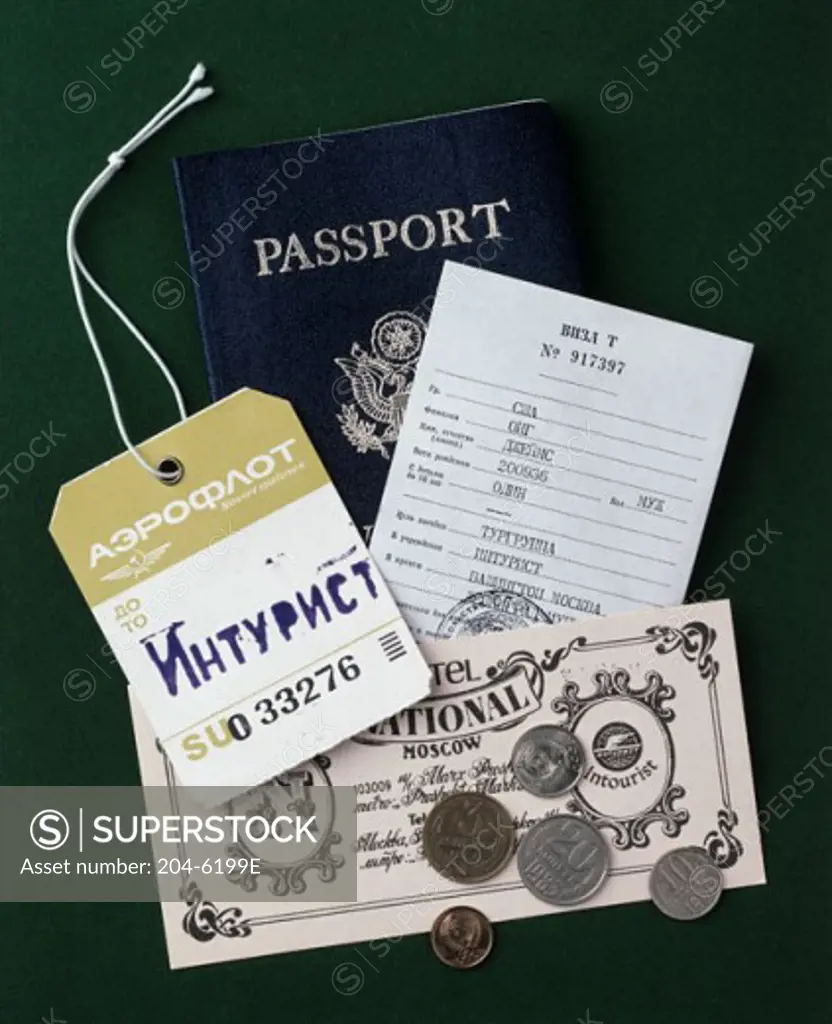 Close-up of Russian rubles with a passport and a luggage tag