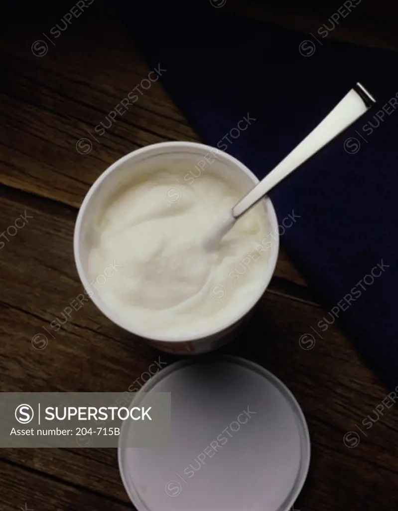 High angle view of yogurt in a container