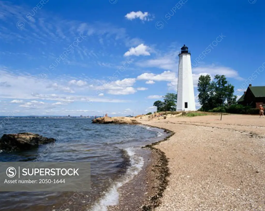Lighthouse on the beach, Five Mile Point Lighthouse, New Haven, Connecticut, USA