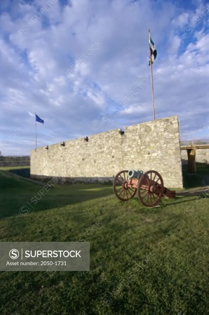 Cannon in front of a stone wall, Fort Ticonderoga, Ticonderoga, New York, USA
