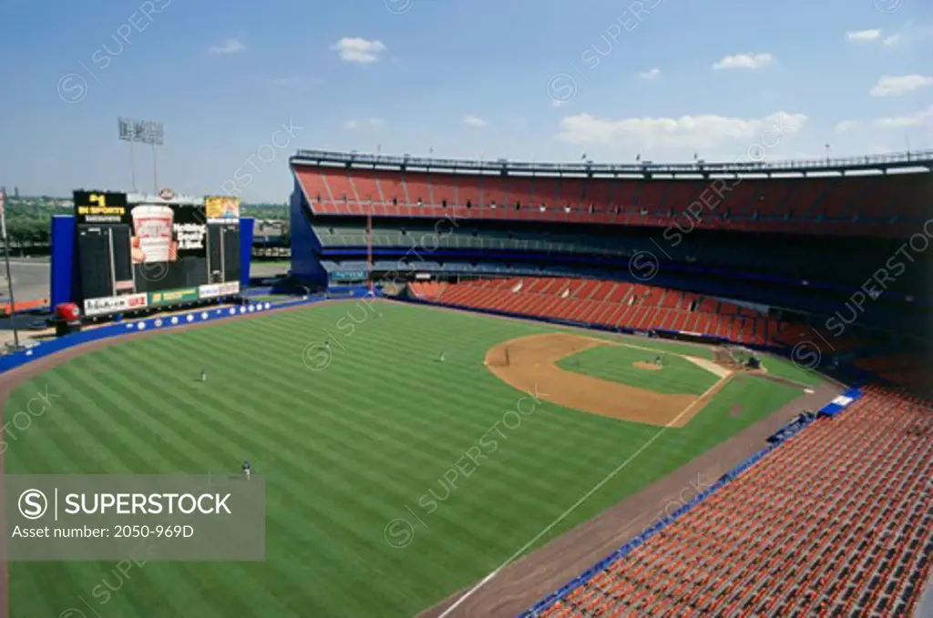 High angle view of baseball players practicing in a stadium, Shea Stadium, Queens, New York City, New York, USA