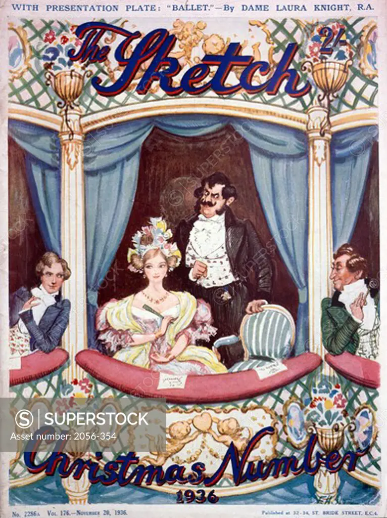 Front cover of 'The Sketch' christmas edition with couple on balcony, 1936, Nostalgia Cards