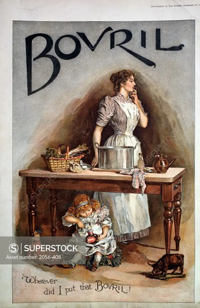 Woman in the Kitchen With Her Daughter, Bovril Advertisement, 1900, Nostalgia Cards