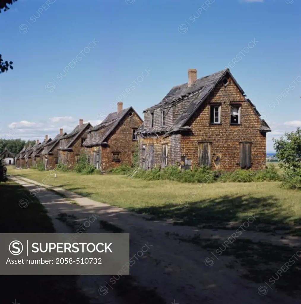 Wooden buildings in a row, Val-Jalbert Ghost Town, Quebec, Canada