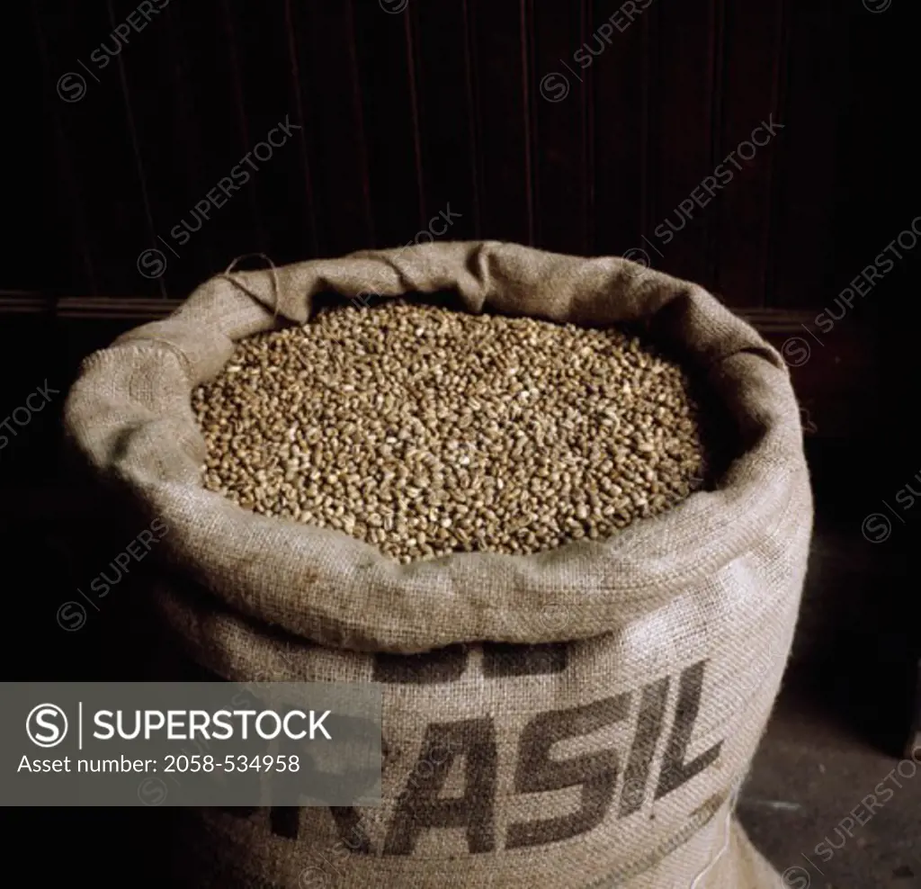 Coffee beans in a burlap sack