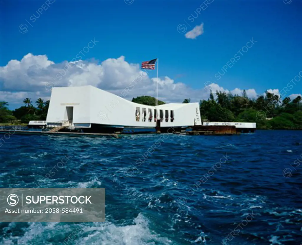 Memorial building in a harbor, USS Arizona Memorial, Pearl Harbor, Honolulu, Oahu, Hawaii, USA