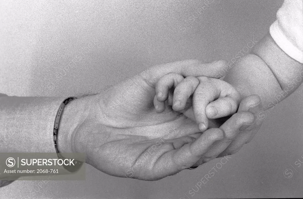 Close-up of a father holding his son's hand