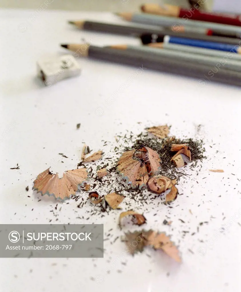 High angle view of a pencil sharpener with shavings
