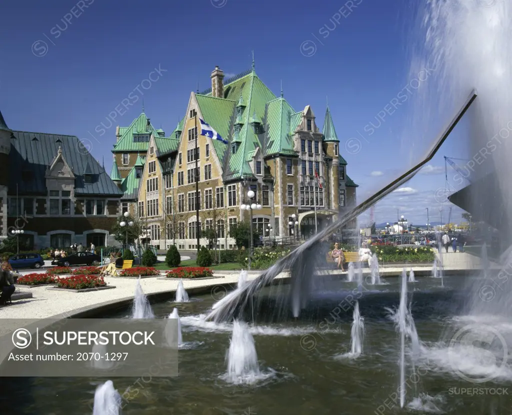 Water fountains in front of Place de la Gare, Quebec City, Quebec, Canada