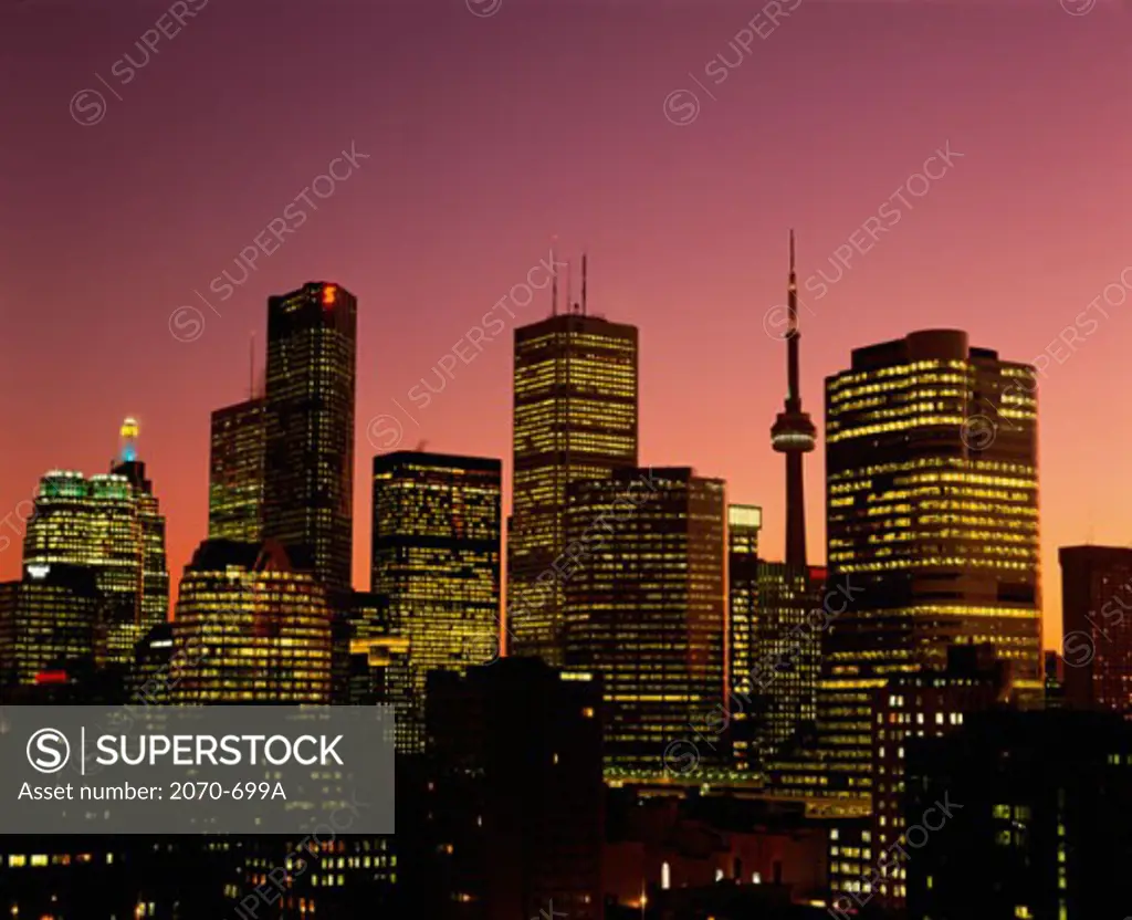 Skyscrapers lit up at night, Toronto, Ontario, Canada
