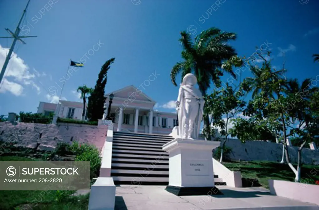 Low angle view of a statue of Columbus in front of a government building, Government House, Nassau, Bahamas