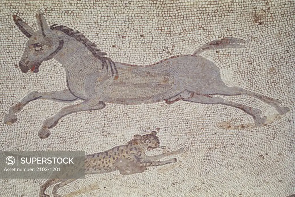 Italy, Sicily, Piazza Armerina, Villa of Casale, Mosaic with jaguar and donkey, 2nd-4th C. A.D.