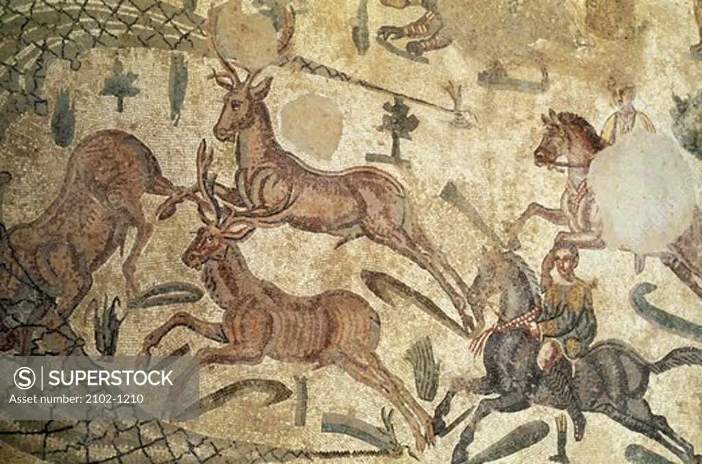 Italy, Sicily, Piazza Armerina, Villa of Casale, Mosaic with hunting scene, 2nd-4th C. A.D.