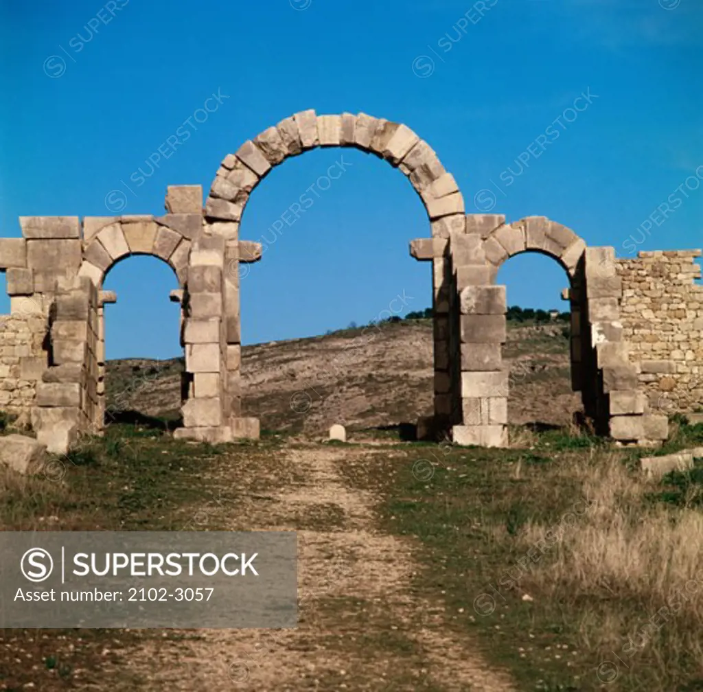 Arches of an ancient building, Roman Ruins, Volubilis, Morocco