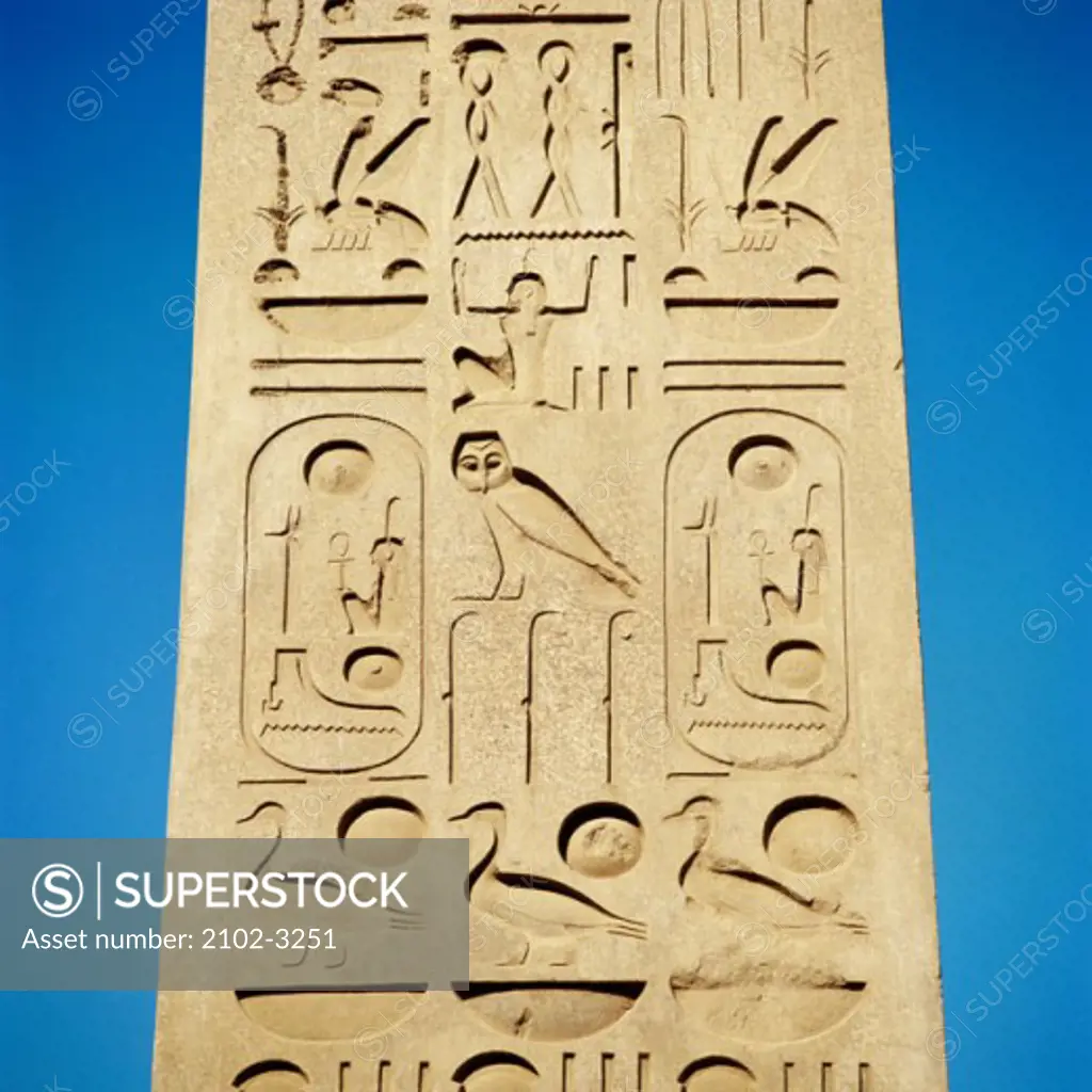 Close-up of hieroglyphics on a column, Luxor, Egypt