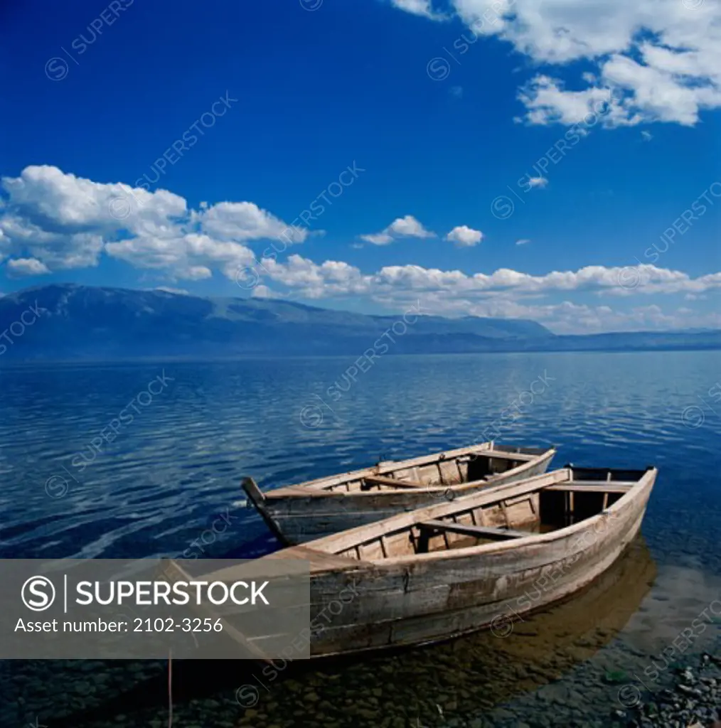 High angle view of two boats moored in the sea, Pogradec, Albania