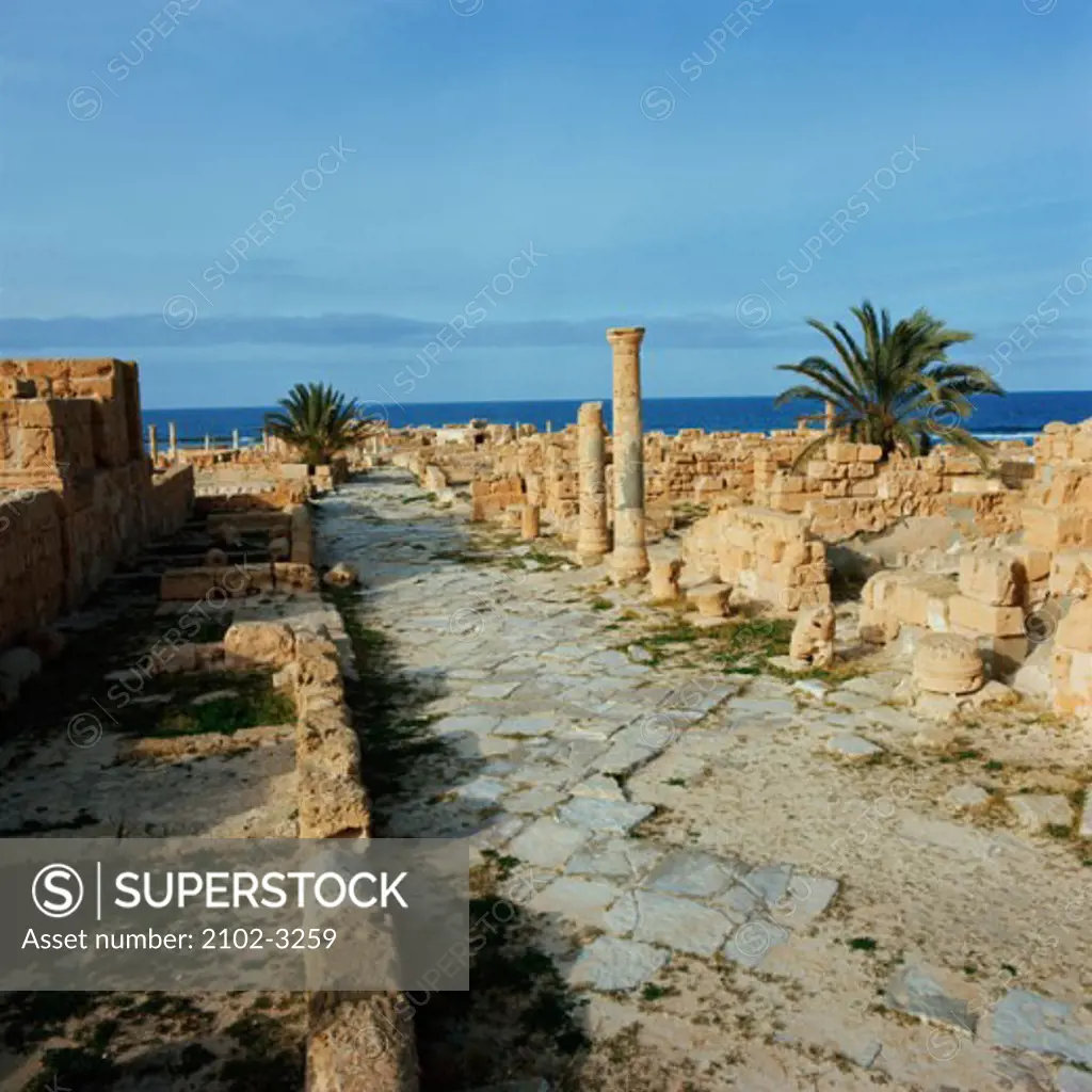 Old ruins of buildings along a walkway, Sabratah, Libya