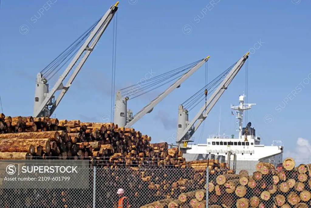 USA, Oregon, Astoria, Loading logs for shipment to Japan