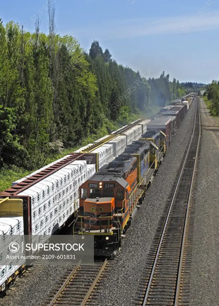 Freight trains on railroad tracks, Milwaukie, Oregon, USA