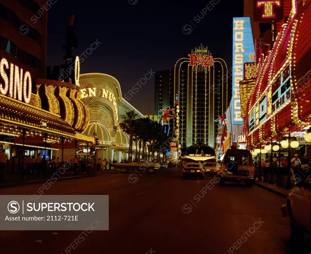 Hotels and casinos lit up at night, Fremont Street, Las Vegas, Nevada, USA