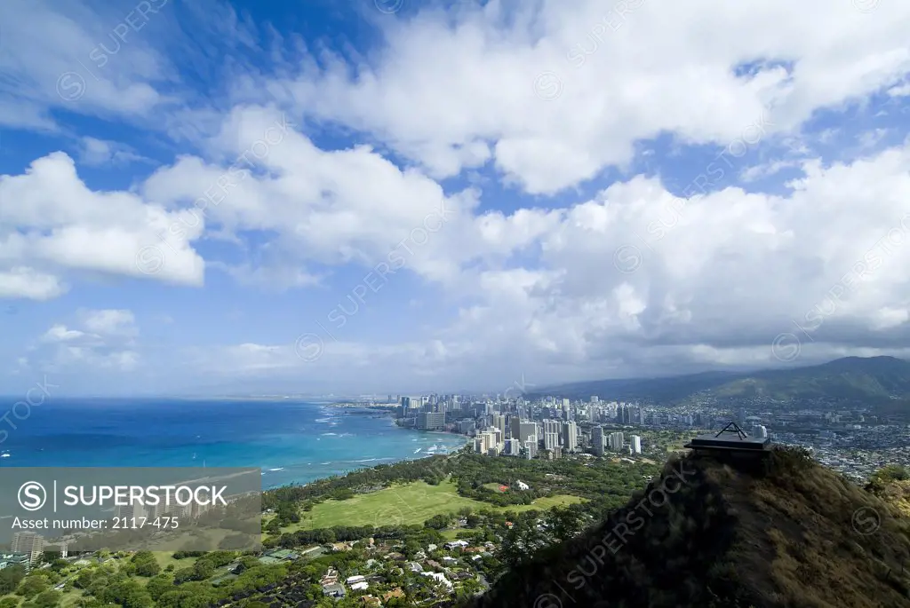 Aerial view of buildings along a coast, Diamond Head, Honolulu, Oahu, Hawaii, USA