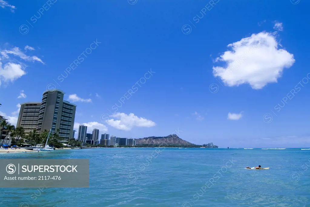 Buildings along a coast, Diamond Head, Waikiki Beach, Honolulu, Oahu, Hawaii, USA