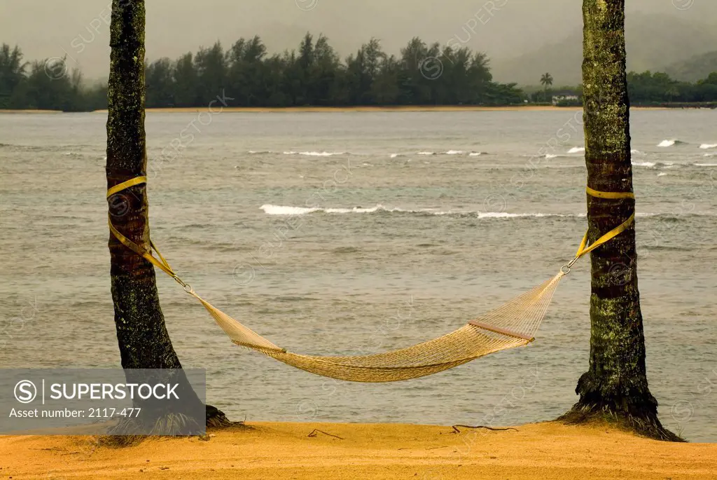 Hammock tied between two trees on the beach, Hanalei, Kauai, Hawaii, USA