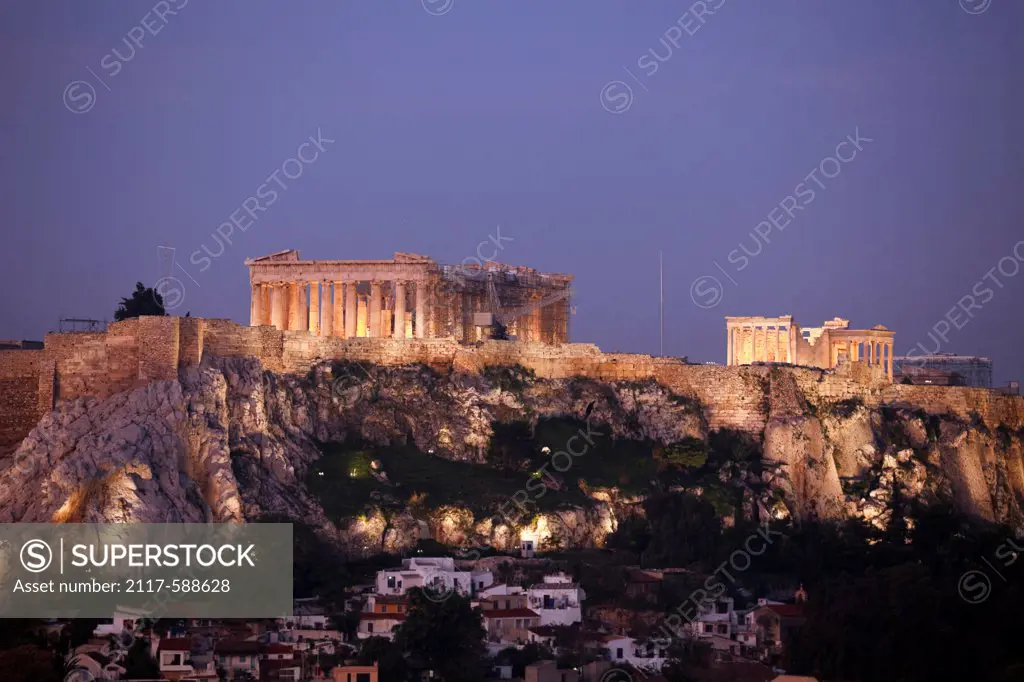 Greece, Athens, Parthenon on Acropolis illuminated at night