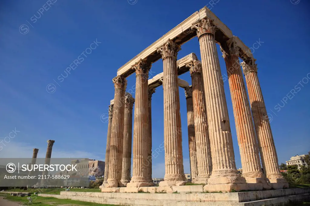 Greece, Athens, Temple of Olympus Zeus with Parthenon on Acropolis
