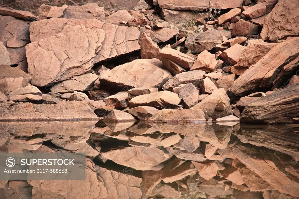 USA, Utah, Zion, Granite boulders reflect in pool in Zion National Park