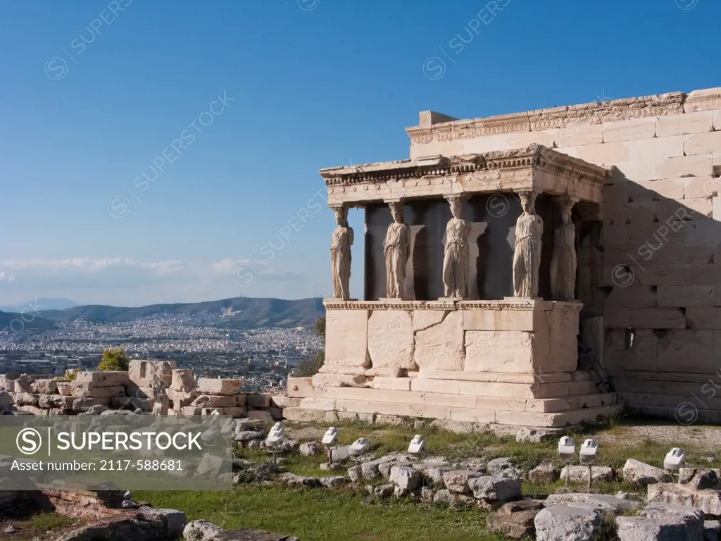 Greece, Athens, Erechtheum of Acropolis showing Porch of Caryatids