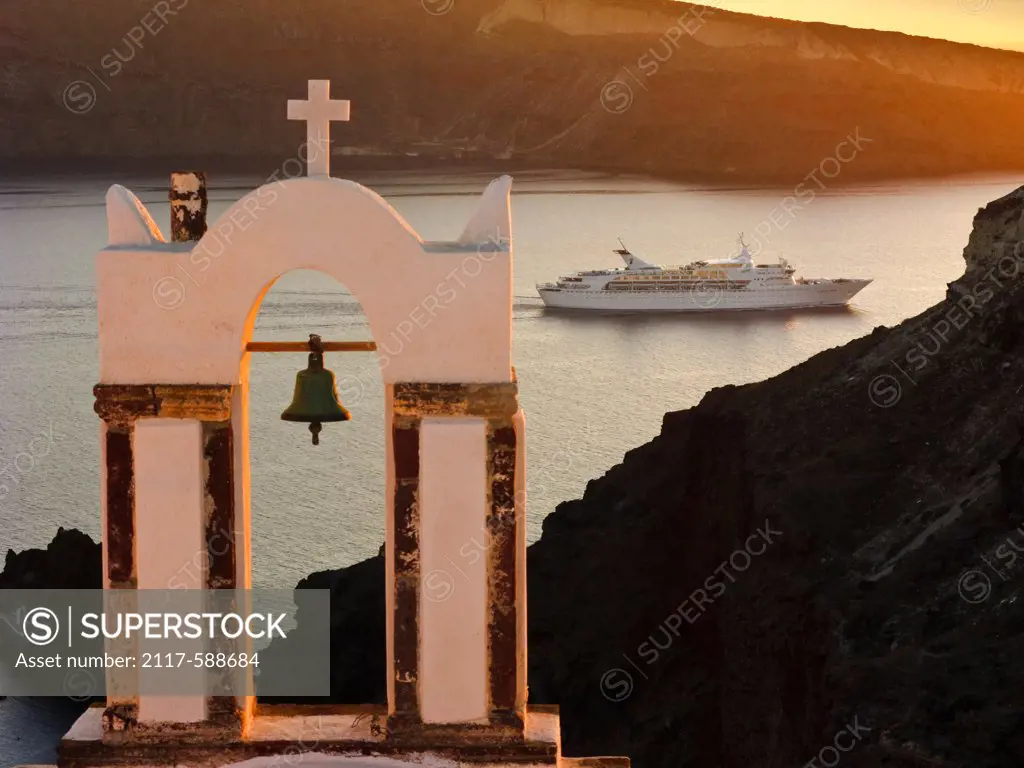 Greece, Santorini, Church steeple and cruise ship