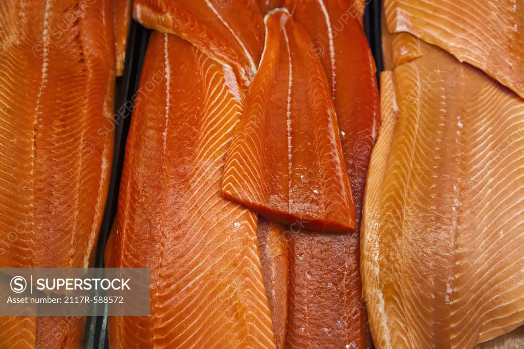 Canada, British Columbia, Close up of fresh salmon slices at Granville Public Market