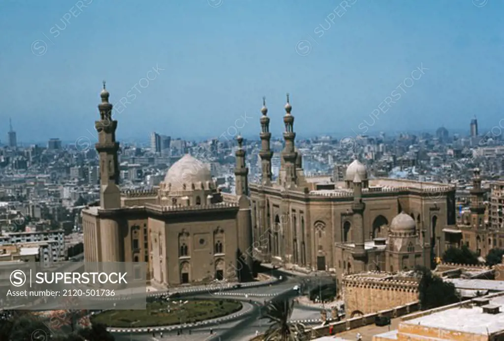 High angle view of two mosques in a city, Sultan Hassan Mosque, Al-Rifa'I Mosque, Cairo, Egypt
