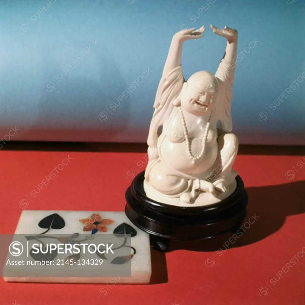 Hotei, God Of Good Fortune With Inlaid Marble Chinese Art