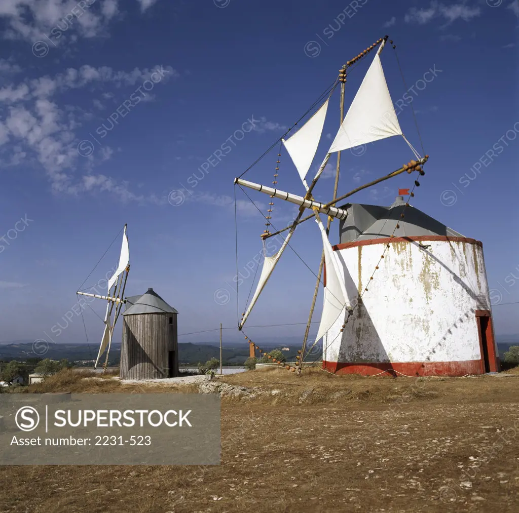 Traditional windmills in a field, Santarem, Portugal