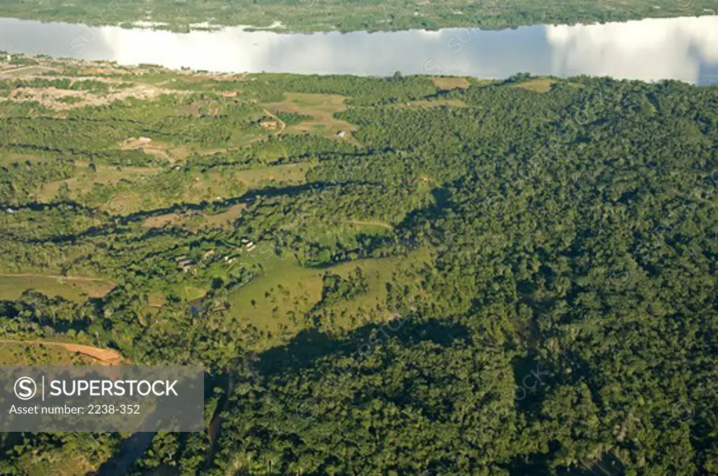 Aerial view of deforestation for cattle pasture, Peruvian Amazon, Loreto Region, Peru