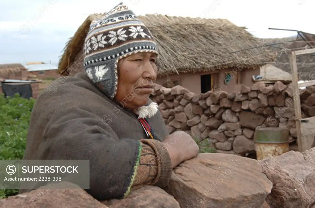 Side profile of an Aymara woman, Llachon, Lake Titicaca, Puno, Peru
