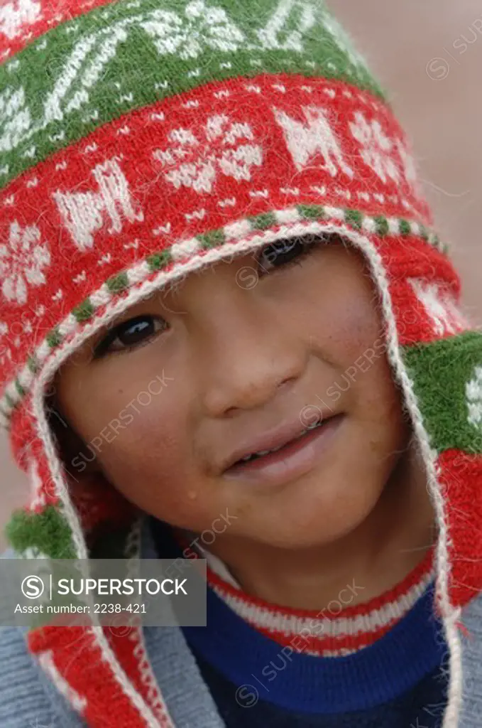 Portrait of an Aymara boy, Andes, Llachon, Lake Titicaca, Puno, Peru