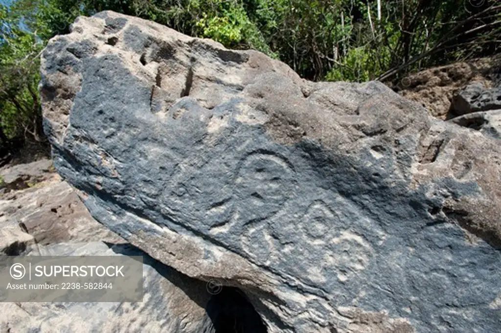 Sandstone rocks with petroglyphs with an archaeological site on top of the hill above the rocks with Amazonian Dark Earth (ADE). Human faces are the predominant theme in rock carvings (gravuras) at this site. Caretas, Rio Urubu, Amazonas, Brazil, 10-17-12