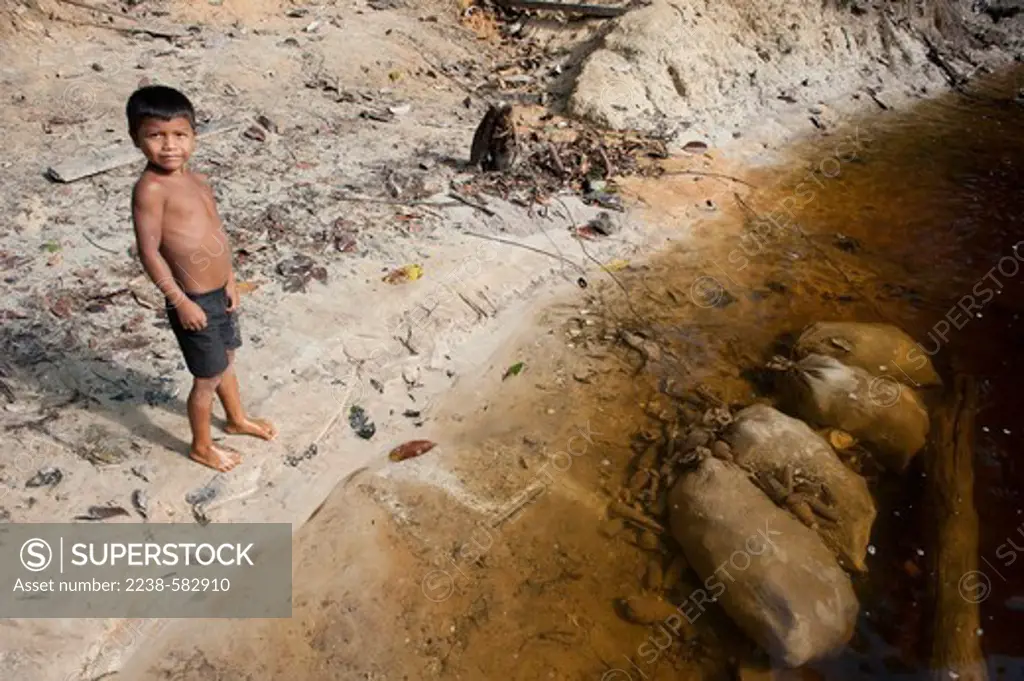 Manioc tubers soaking in black water river. Makuna boy, Junildo 5 yrs. Sao Pedro, Rio Tiquie, affluent of the Uaupes, Amazonas, Brazil, 11-7-12