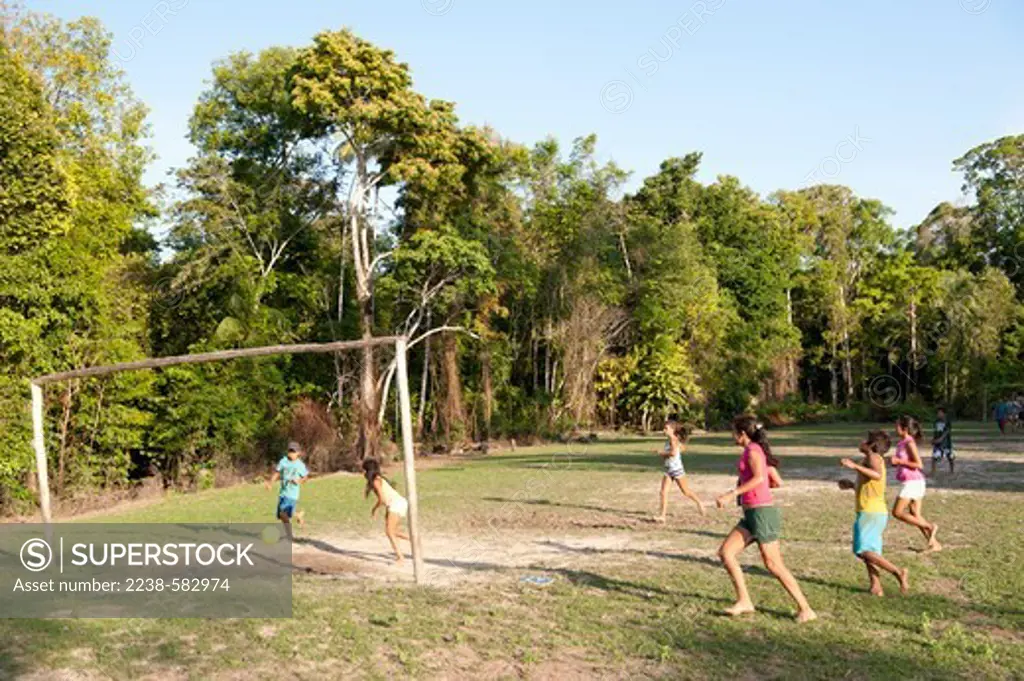 Children playing soccer by house of Moises, 66 yrs. In background a cultural forest with Inaja (Attalea maripa) and bacaba (Oenocarpus bacaba) and acai da mata (Euterpe precatoria). Bom Jesus de Bare, Lago Amana, Amazonas, Brazil, 9-2-12